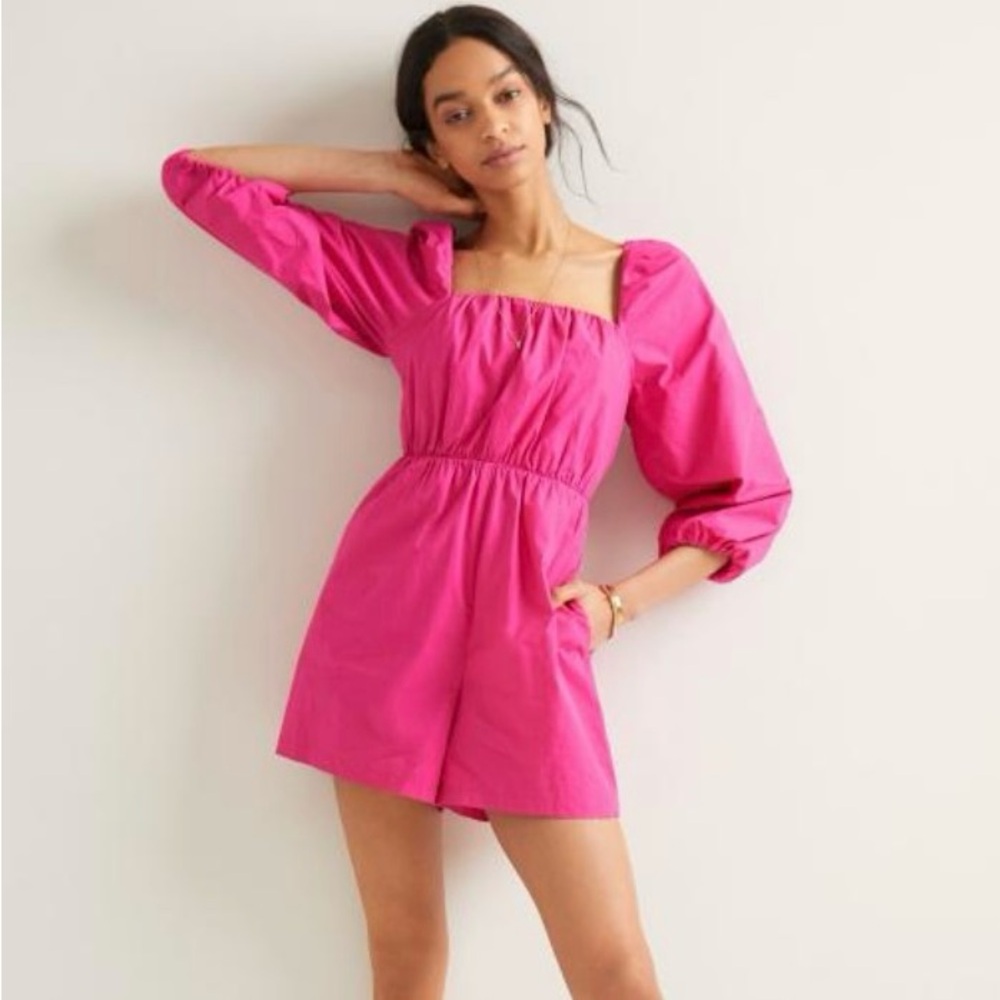 Anthropologie Puff-Sleeved Fuchsia Romper Size S